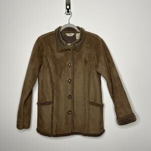 LL Bean Jacket Womens XS Tan Faux Suede Sherpa Lined Western Barn Coat Button Up